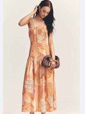 Farm Rio Orange Linen Blend Strapless Maxi Dress Anthropologie XS